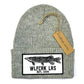 Grey knitted beanie with Wolfcreek lures logo patch