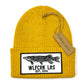 Yellow knitted beanie with Wolfcreek lures logo patch