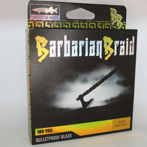 Barbarian Braid fishing line packaging with brand logo and product details.