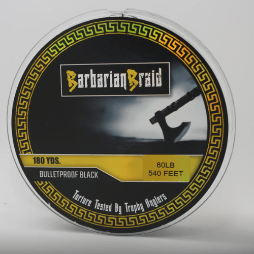 Barbarian Braid fishing line spool with branding and specifications on a gray background