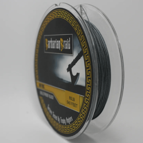 Fishing line spool with 'Barbarian Braid' branding on a gray background