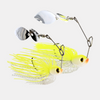Yellow and white spinnerbait fishing lure on a white background