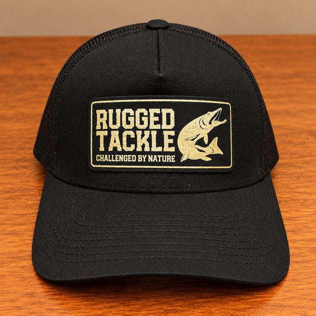 Black Rugged Tackle 1st Edition Trucker Cap, elevated front view