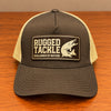 Brown and beige Rugged Tackle 1st Edition Trucker Cap, elevated front view