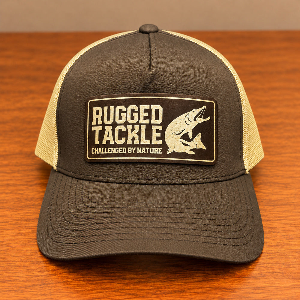 Brown and beige Rugged Tackle 1st Edition Trucker Cap, elevated front view