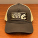 Brown and beige Rugged Tackle 1st Edition Trucker Cap, elevated front view