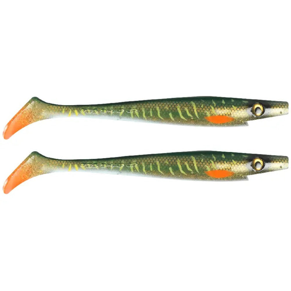 Strike Pro Pig Shad Jr. 20cm two-pack in Green Motoroil Pike UV