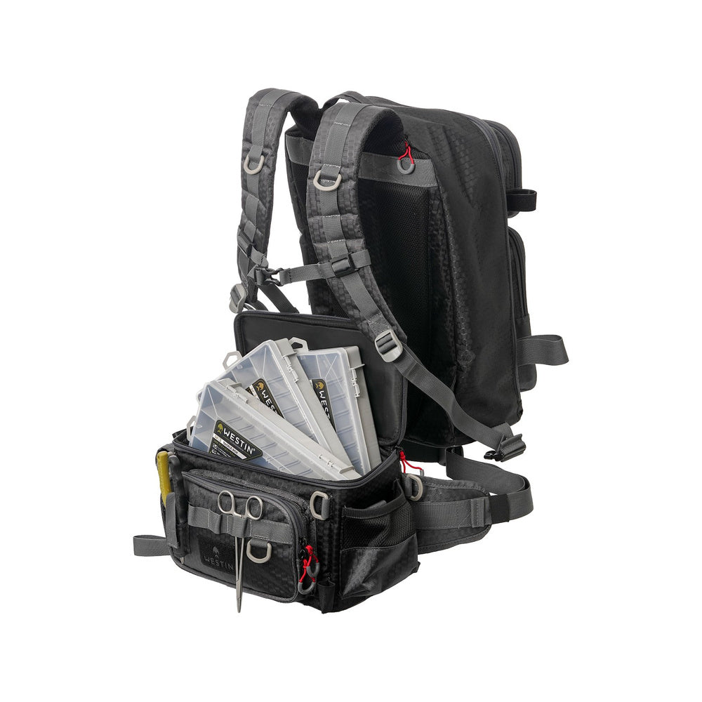 Westin W4 3in1 Master fishing backpack rear view with tackle boxes
