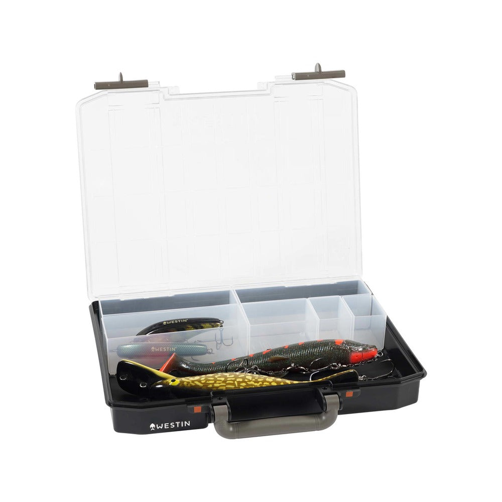 Westin W6 Lure Vault 7.9 cm tackle box open with 4 removable inserts and large lures