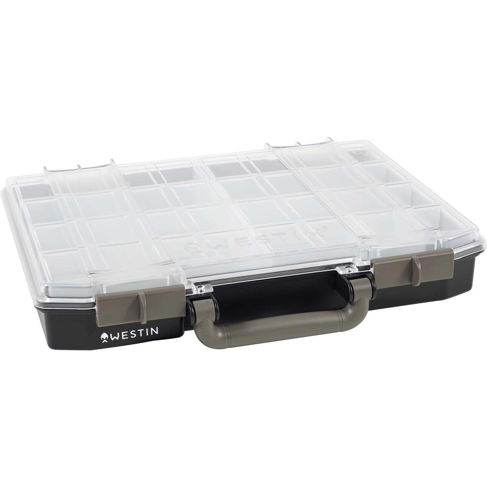 Westin W6 Lure Vault black and clear tackle box closed with carry handle