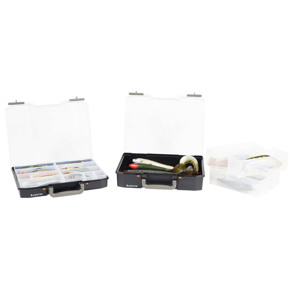 Westin W6 Lure Vault black and clear tackle boxes in 5.7 cm and 7.9 cm depths with removable inserts