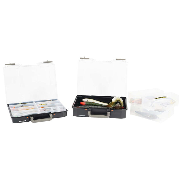 Westin W6 Lure Vault black and clear tackle boxes in 5.7 cm and 7.9 cm depths with removable inserts