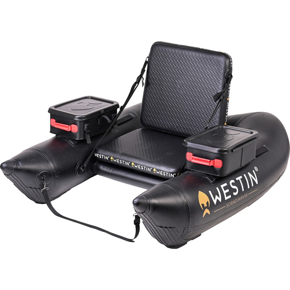 Westin W8 Belly Boat front view with waterproof storage bags