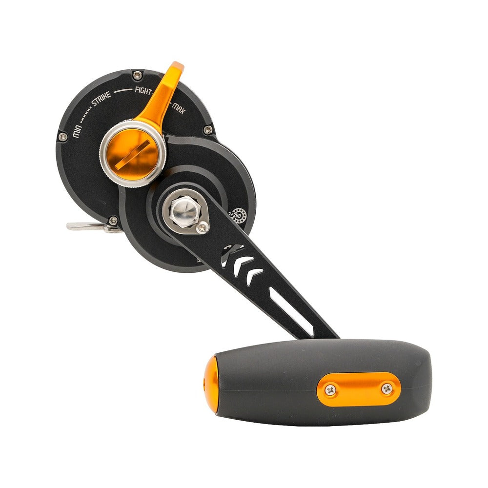 Westin W8 Jigging Reel handle-side view with lever drag