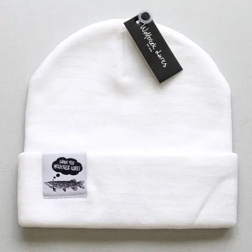 White wool Damn you Wolfcreek Lures logo beanie