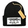 Black knitted beanie with Wolfcreek lures logo patch