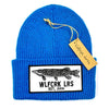 Blue knitted beanie with Wolfcreek lures logo patch