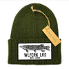 Green knitted beanie with Wolfcreek lures logo patch