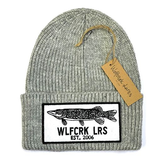 Grey knitted beanie with Wolfcreek lures logo patch