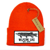 Orange knitted beanie with Wolfcreek lures logo patch