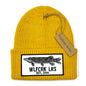 Yellow knitted beanie with Wolfcreek lures logo patch